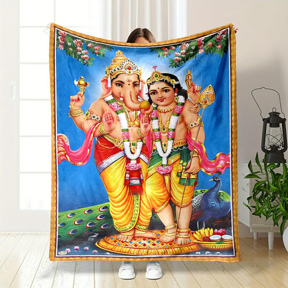 Colorful Hindu Deities with PeacockFlannel blanket for bedroom, living room, sofa, and nap