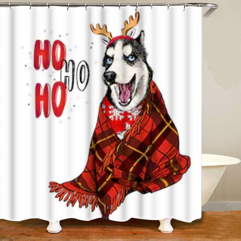 Cute Siberian Husky Shower Curtain Christmas Shower Curtain Set Husky Dog Puppy Bathroom Curtain Pet Dogs Christmas Home Decor
