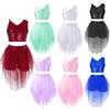 Kids Girls Stylish Dance Clothes Set Sleeveless V Neck Sequins Crop Top with Elastic Waist Mesh Boxer Style Skirt
