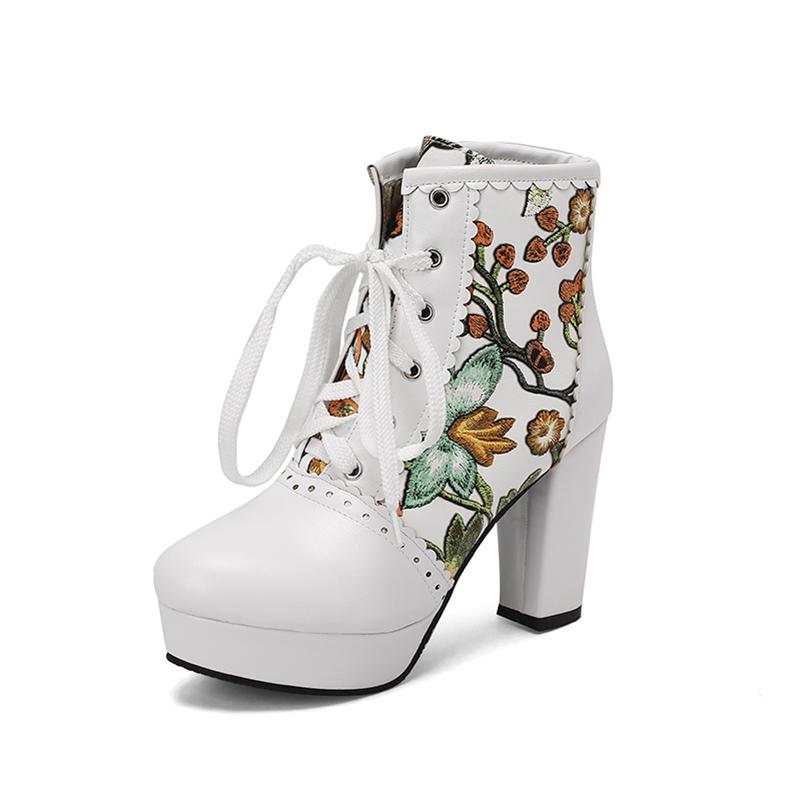 Женские ботильоны с круглым носком на толстом высоком каблуке и платформе с вышивкой на шнуровке разных цветов, женская модная зимняя обувь