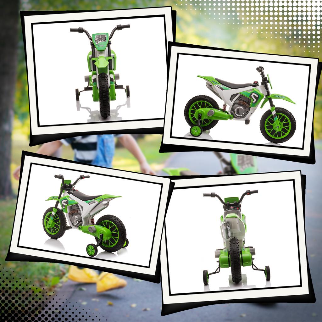 Kids Motorcycle, Electric Motorcycle, 45 Min Ride Time, with Training Wheels, from 3 Years, Green+White, 106.5 x 51.5 x 68cm