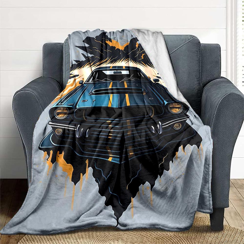 1pc Muscle Car Racing Lightweight Flannel Blanket, Comfortable and Warm Blanket, for Office and Camping Sofa Bed, Livingroom095
