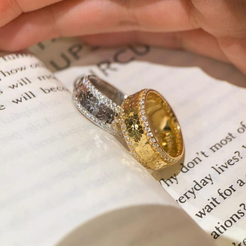 Vintage Diamond Studded Sequin Crushed Ice Ring   Diamond Two-Color Simple And High-End Couple'S Rings Jewelry Gift