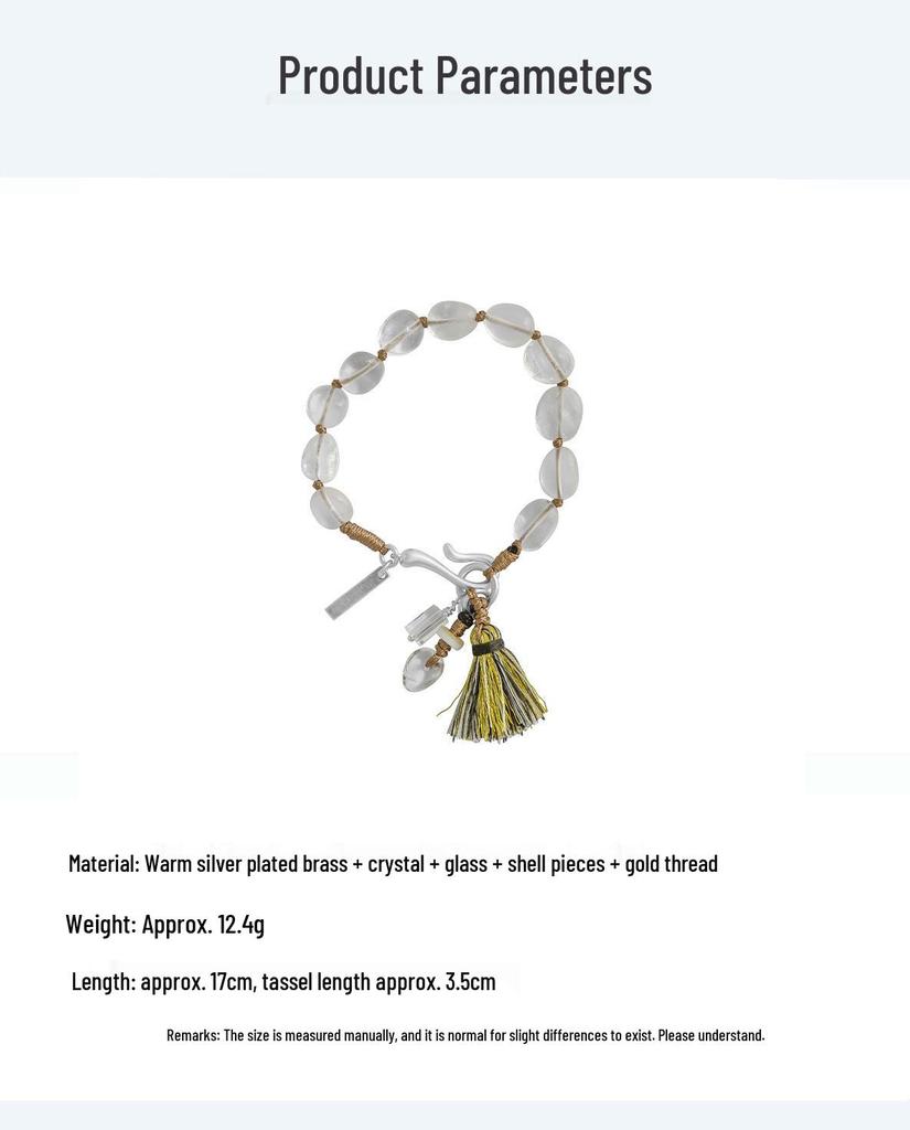 Nomadic Glacier Ethnic Style White Crystal Tassel Bracelet - Retro Design with Braided Rope