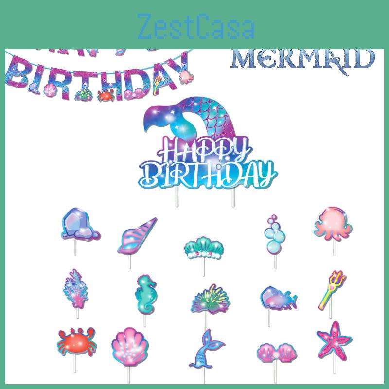 Ocean Theme Party Supplies Mermaid Birthday Celebration Banner And Cake Decorations