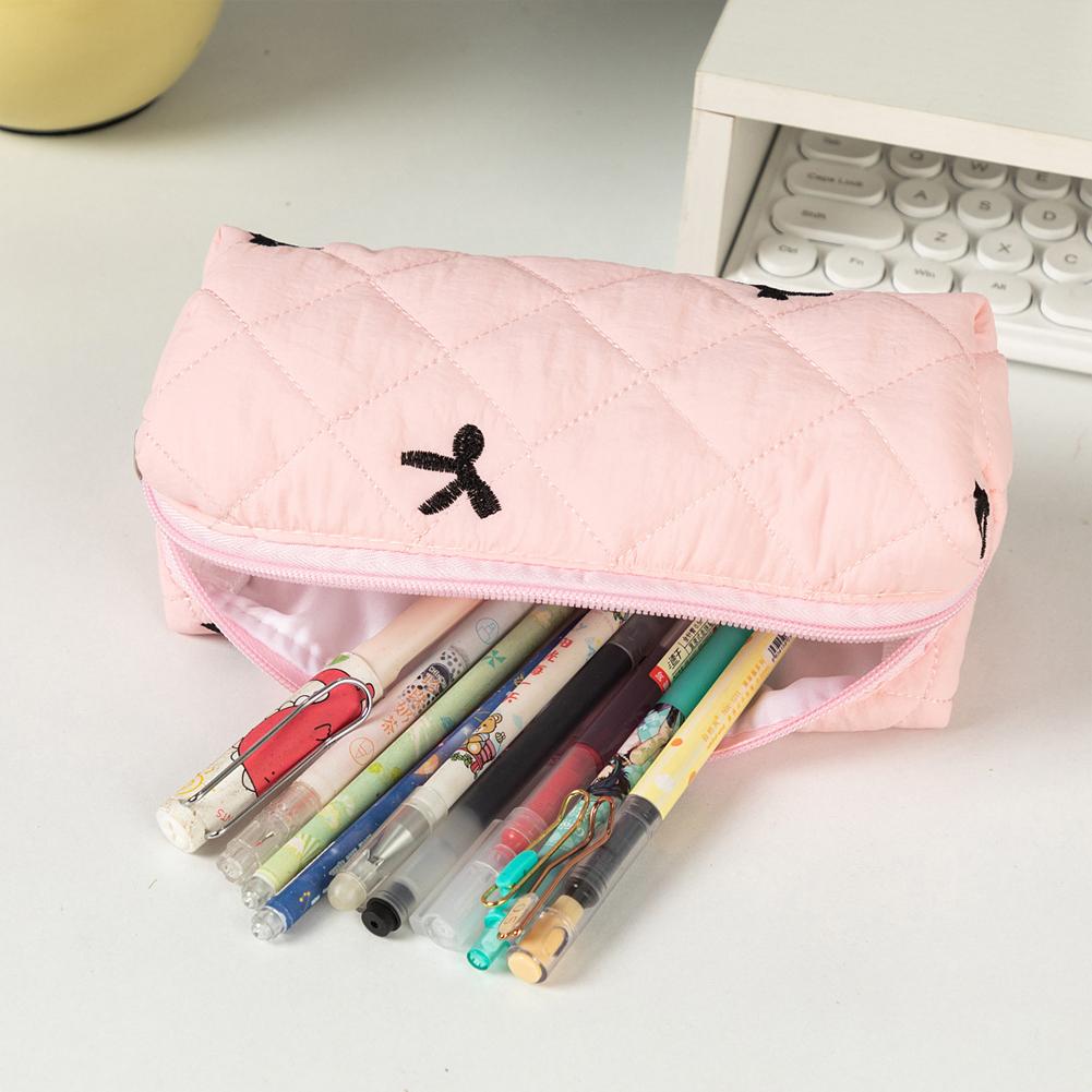 1Pc Simple Bowknot Large Capacity Pencil Bag Fresh Quilting Stationary Storage Bags For Girls Makeup Pouch Pencil Case
