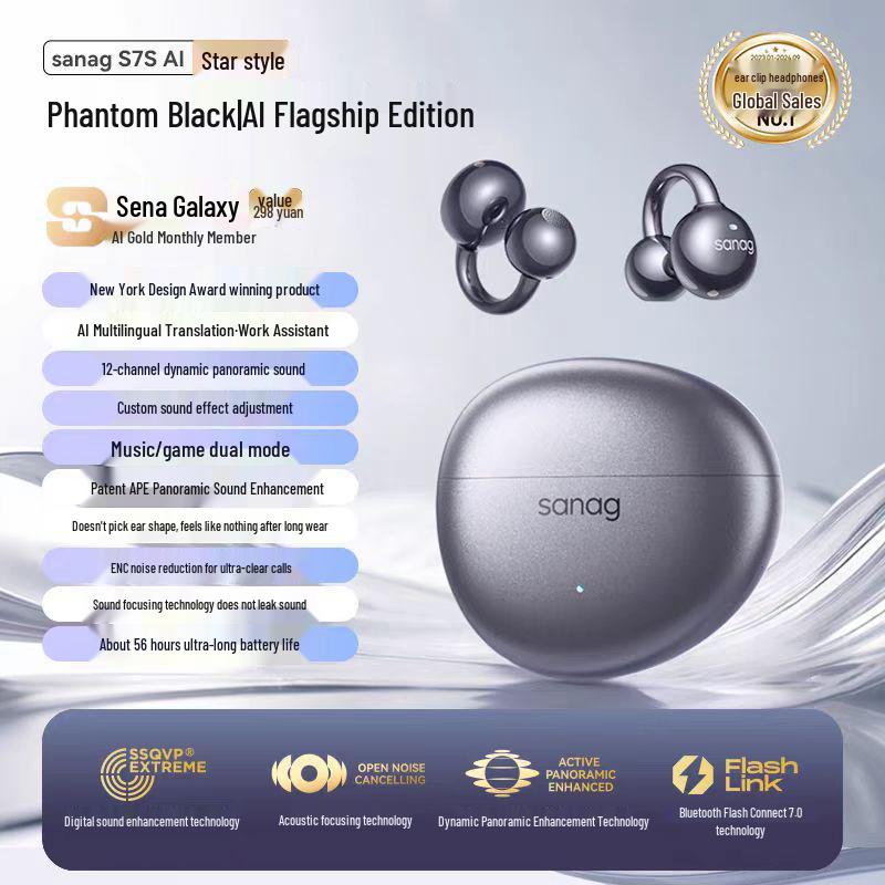 Bluetooth-наушники-клипсы Sanag S7S с ИИ-переводом и костной проводимостью для спорта 2025 года - Открытая конструкция, не затыкающая уши