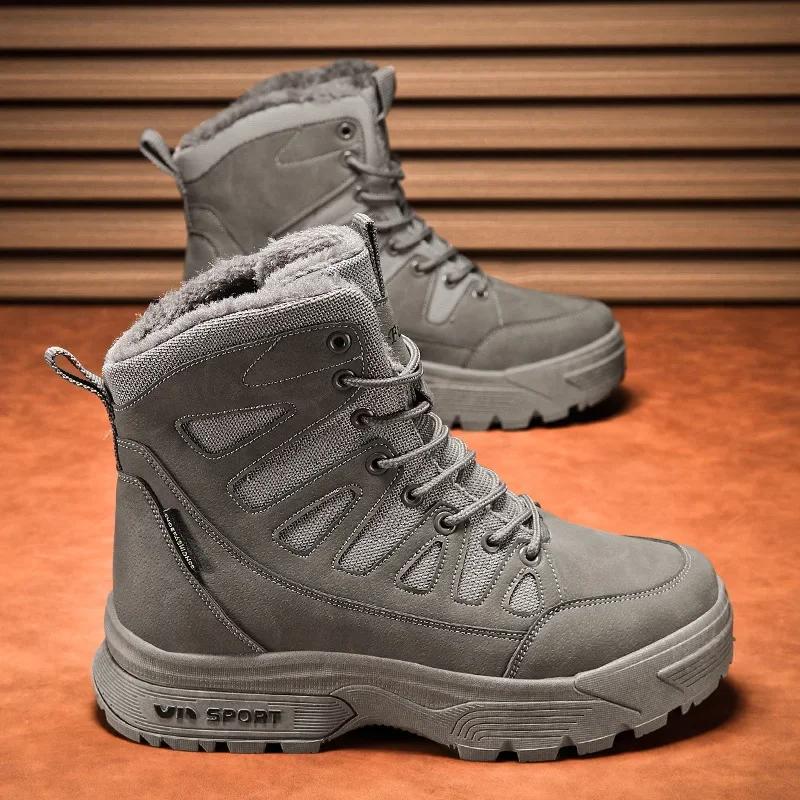 Модные зимние теплые плюшевые меховые сноубутсы Водонепроницаемая кожа Мужская обувь Уличные нескользящие рабочие ботинки Боевые пустынные ботинки Мотоциклетные
