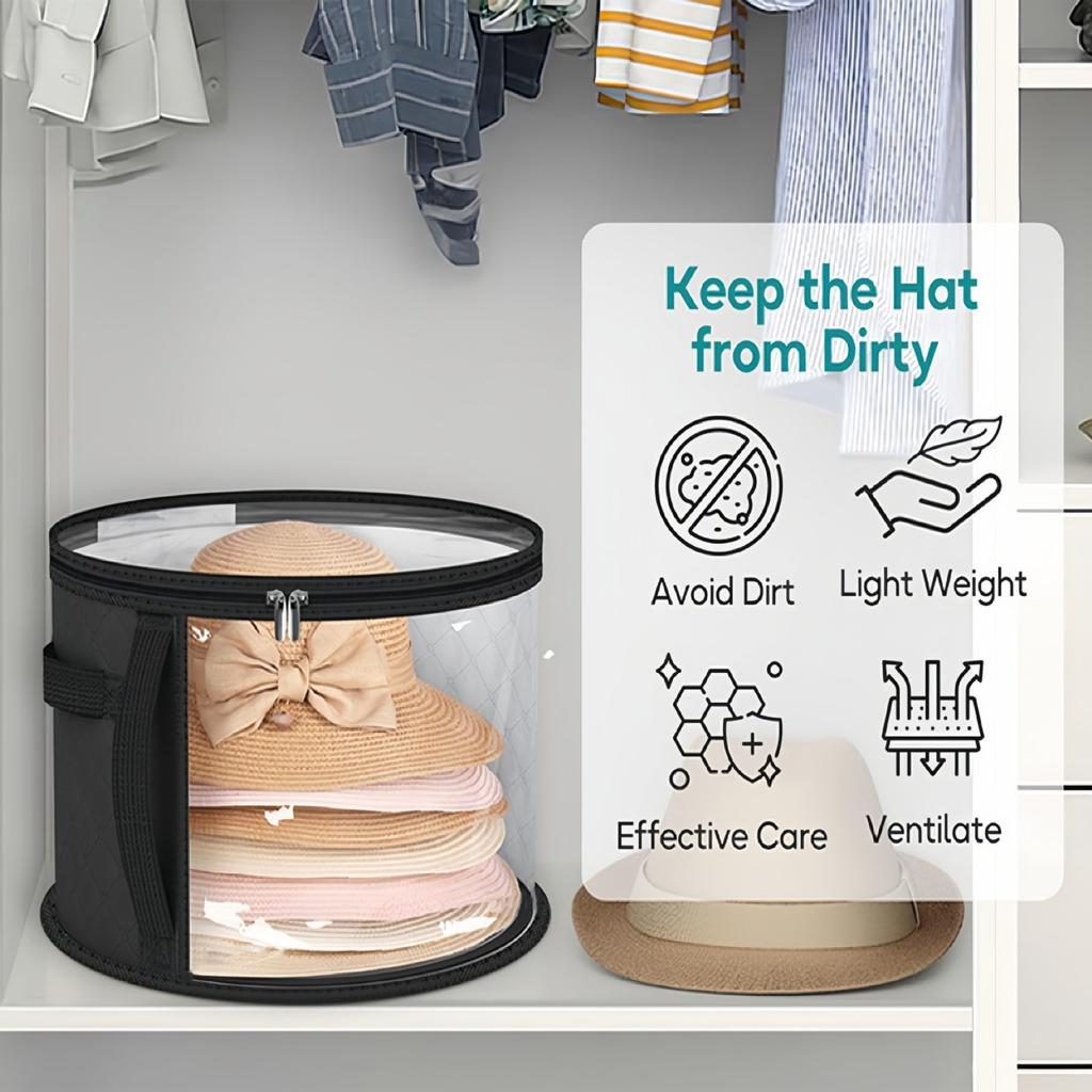 Hat Storage Bucket, Clothing Hat Travel Organizer, Foldable Round Brim Hat Storage Bag with Handle and Clear Window