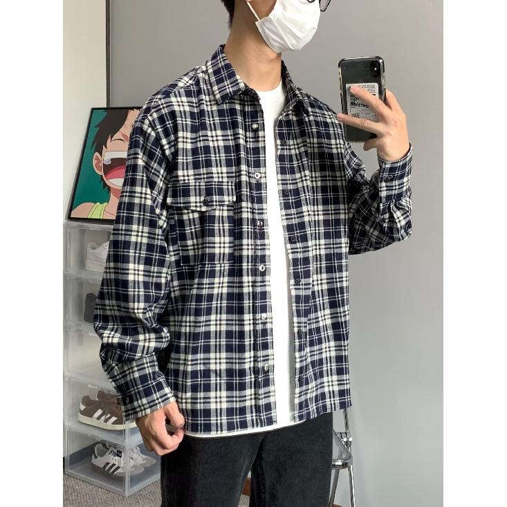 2024 Клетчатая рубашка с длинным рукавом в японском стиле Гонконга Ins Свободная рубашка для мальчиков Летнее модное универсальное повседневное пальто