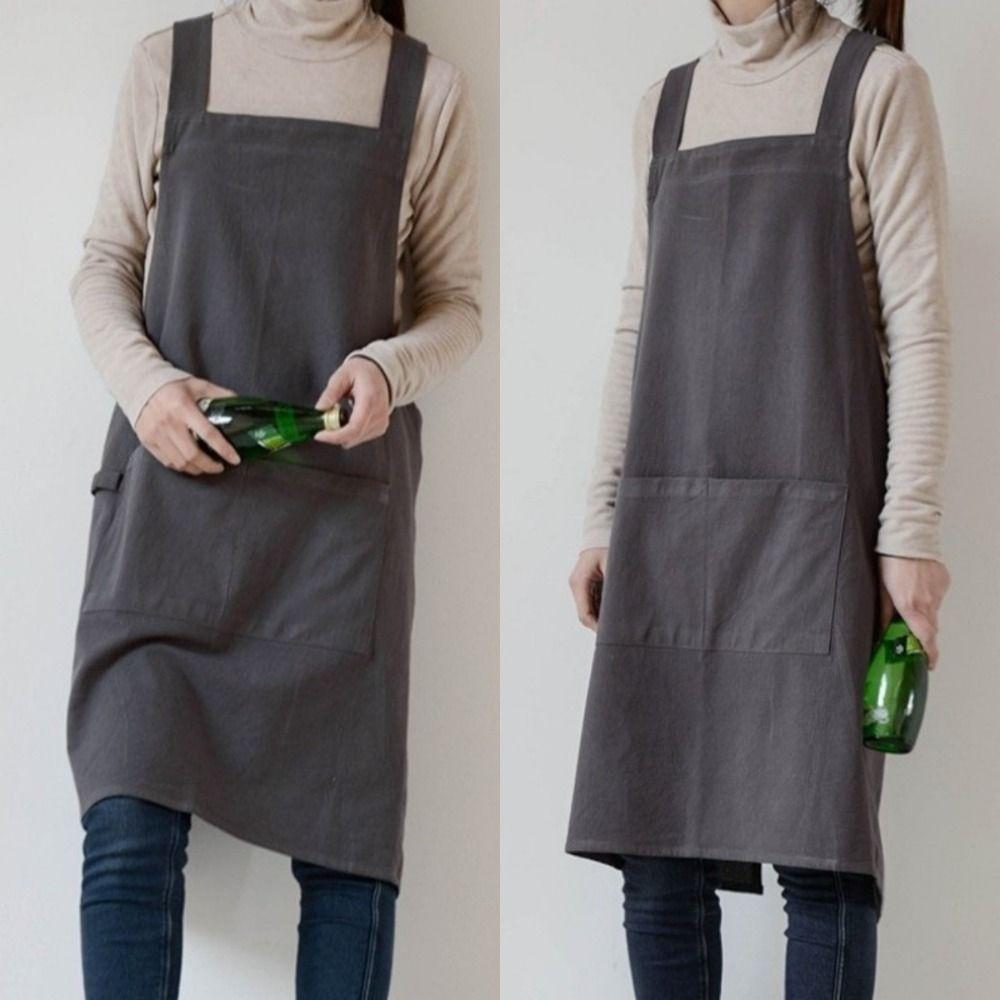 Simple Pocket Apron Cotton Household Waterproof Apron Durable Unisex Work Clothes Coffee Shop