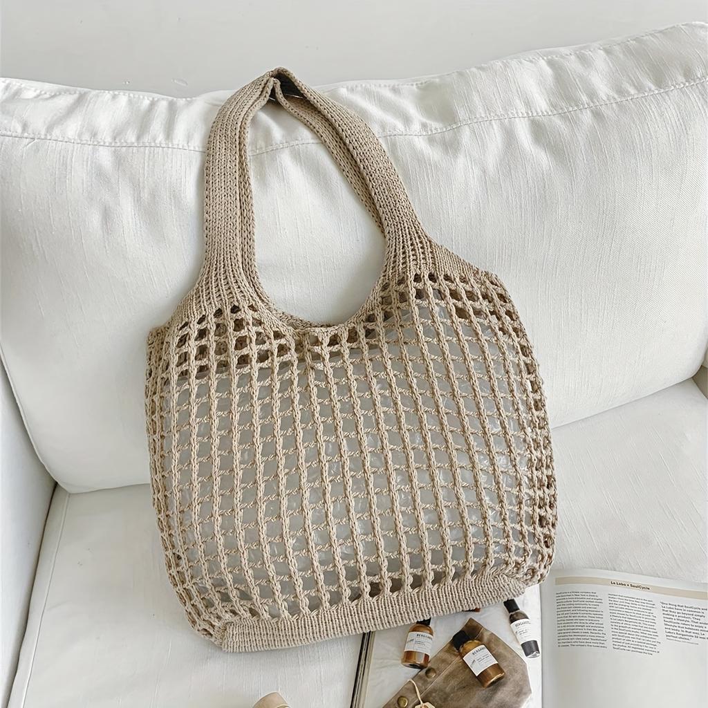 Lightweight Women's Minimalist Crochet Tote Bag Large Capacity Hollow Out Woven Design, Durable Fabric with Fixed Shoulder Strap