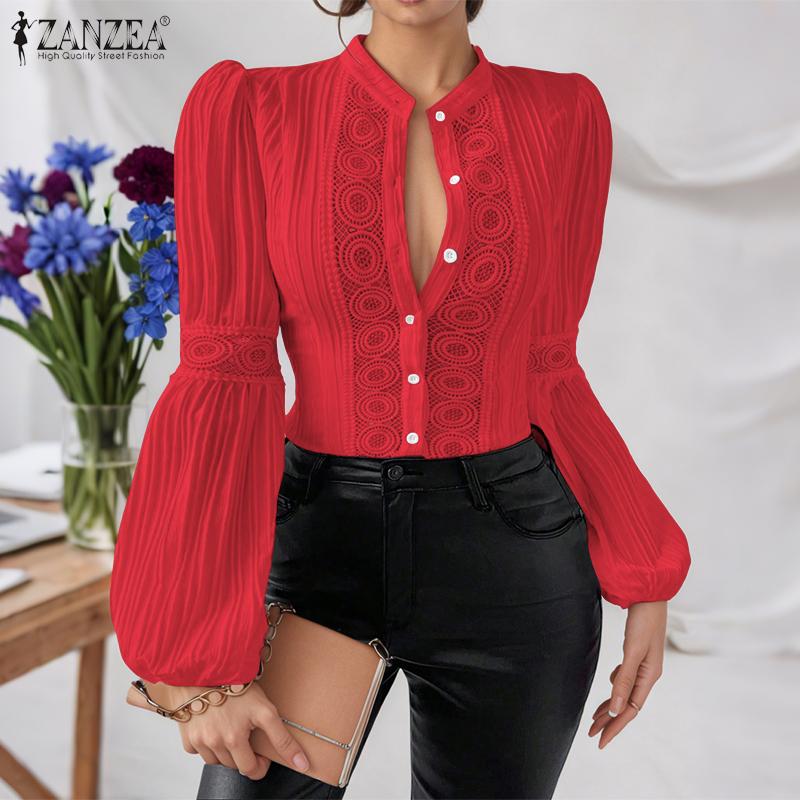 ZANZEA Women Casual Stand Collar Long Sleeve Lace Crochet Patchwork Blouse
