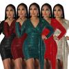European and American Cross-Border Sequin Deep V Long Sleeve Dress with Decorative Belt