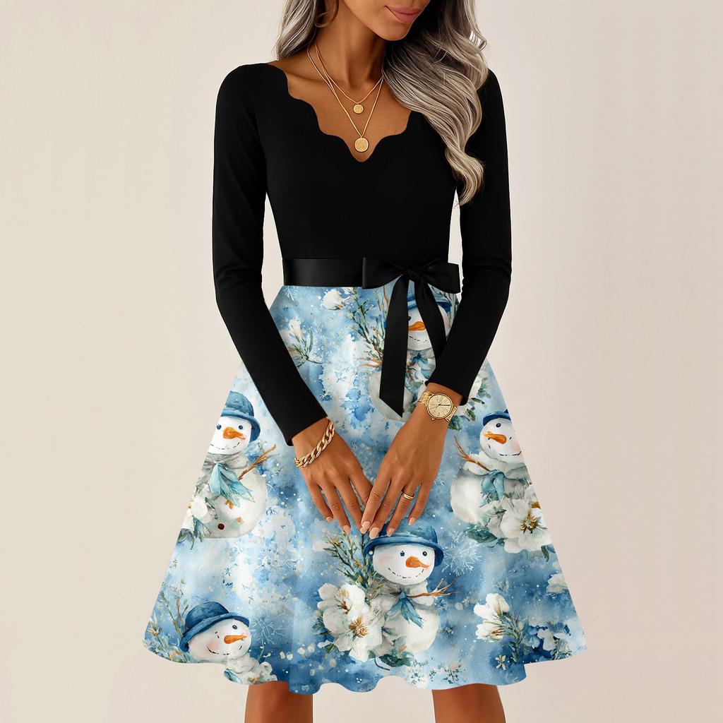 Женское повседневное модное платье с V-образным вырезом и длинными рукавами в стиле ретро с рождественским принтом