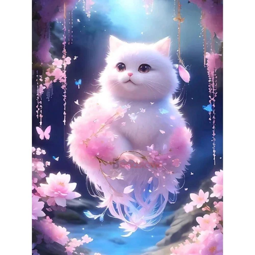 Алмазная картина, полная дрель, милый белый кот, квадратная круглая алмазная живопись, ручная работа, цветочный пейзаж, сделай сам, алмазная мозаика, картина, украшение дома