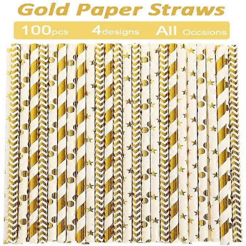 Paper Straws For Drinking, Disposable Biodegradable Cocktail Straws, Perfect For Birthday, Party Supplies , Baby Shower(gold, 100pcs/pack)