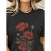 Женская черная футболка с принтом красного мака и зеленого листа, круглый вырез, короткий рукав, повседневная, всесезонная, базовая футболка для повседневной носки и особых случаев