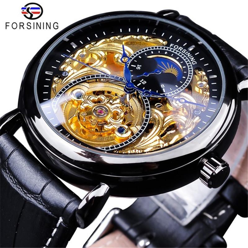 Forsining Men's Fashion Casual Hollow Moon Phase Carved Hollow Automatic Mechanical Watch