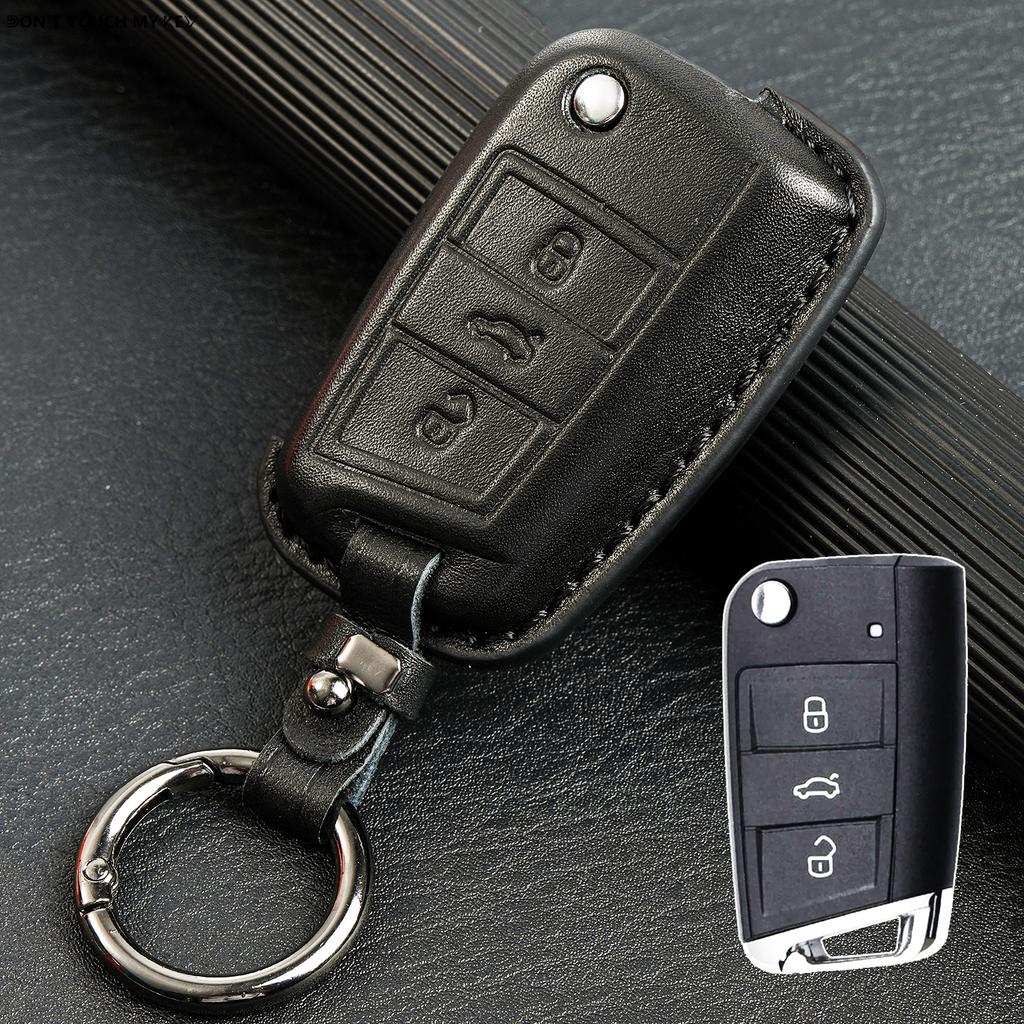 3 Button Genuine Leather Key Ring Case Cover Shell Holder Protect for Volkswagen Golf 7 Leon Seat Skoda Polo