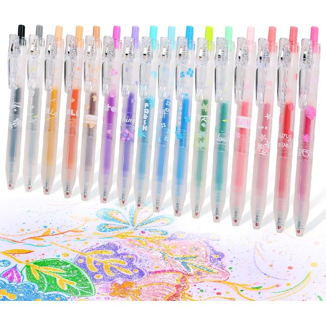 Glitter Gel Pens, 16 Colors Glitter Pens, 0.7mm Fine Tip Retractable Colored Sparkle Gel Pens for Adults Journaling Coloring