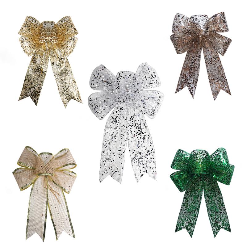 Christmas Tree Hanging Decorations Gold Silver Bowknot Christmas Bows Glitter Ornaments Craft