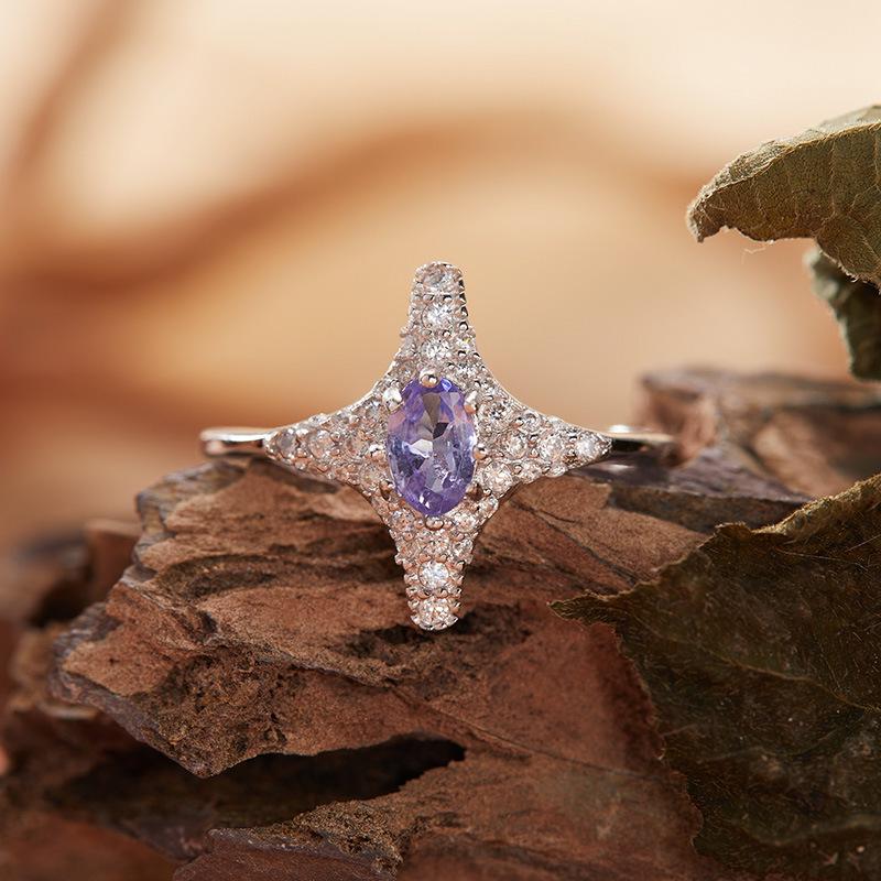S925 Sterling Silver Natural Tanzanite Garnet Peridot Topaz Sapphire Ring Four-Pointed Star Index Finger Ring