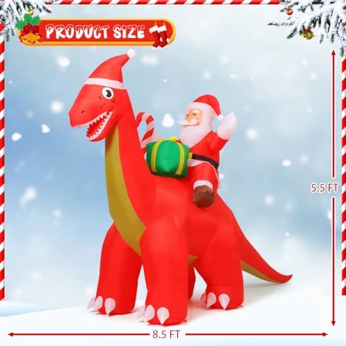 COMIN 8.5ft Long Outdoor Indoor Christmas Decorations Santa Claus Riding Dinosaur Inflatable Decorations Christmas Decorations