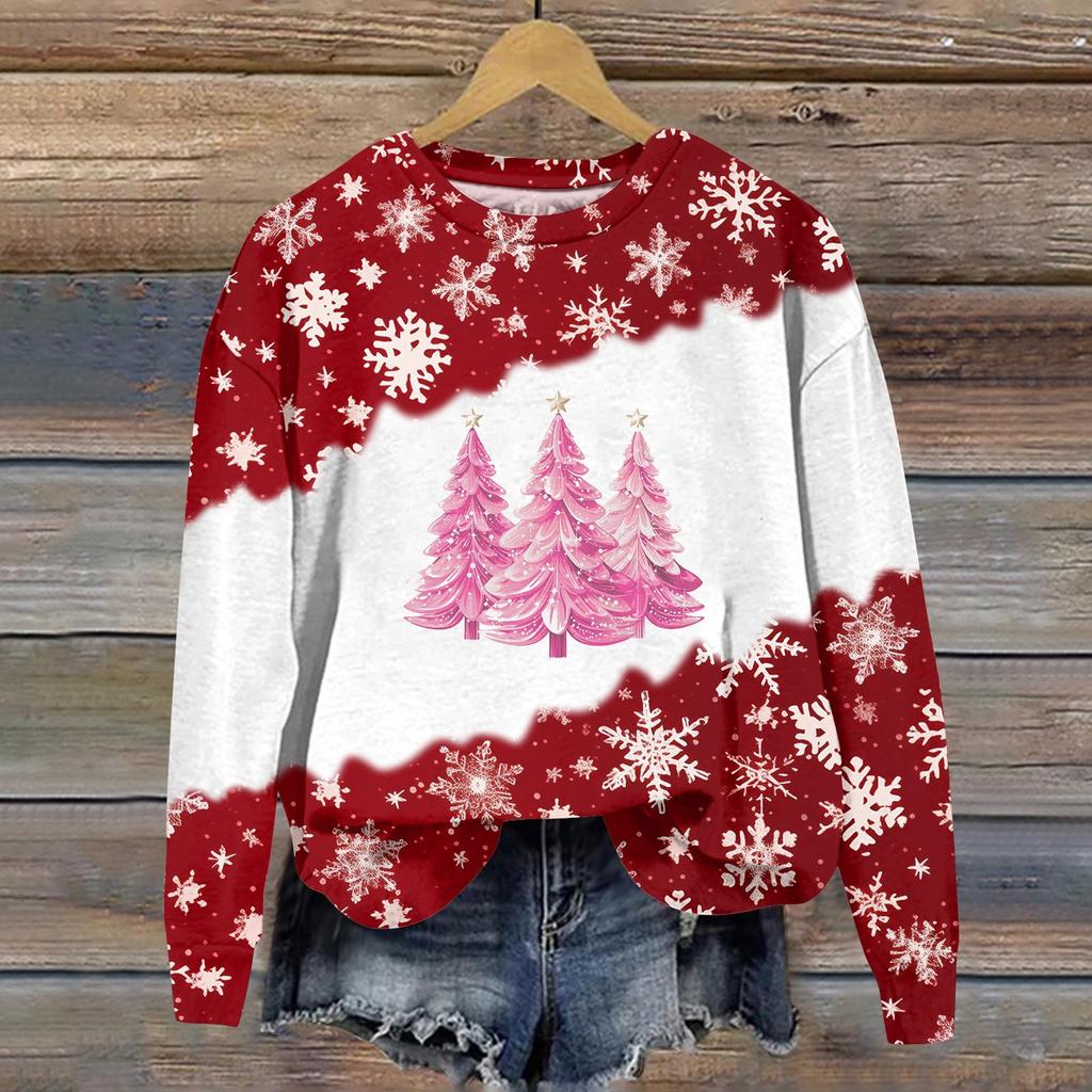 Женская мода рождественский принт длинный рукав свободный круглый вырез толстовка топ осень