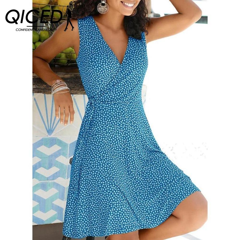 QICED Polka Dot Print Dress Women Sleeveless Bandage Beach Dress Summer Bohemian Dresses For Women Casual V Neck Dresses Female Robe