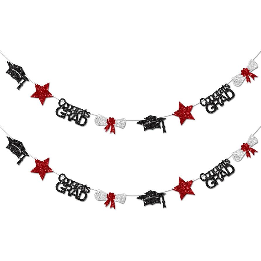 Black and Red Congrats Grad Banner Graduation Decorations Class of 2026 Glitter Star Grad Cap Certificate Bunting Garland for Graduation Party