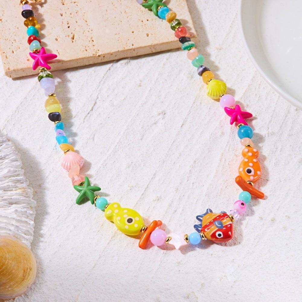 Resin Fish Charms Pendant Scallops Beaded Necklace Jewelry Colorful Fish Necklace  Women