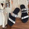 2024 Korean Version of Thin Belt Combination One Line Soft Leather Square Slippers Women's Open Toe Flat Beach Slippers