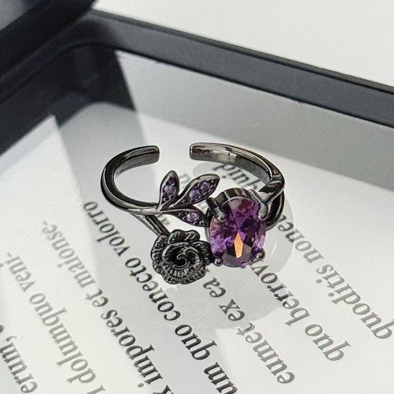 Винтажное кольцо с темной лозой, розово-фиолетовым бриллиантом, открытое кольцо-лепесток, нишевое, с высоким чувством стиля, простое кольцо