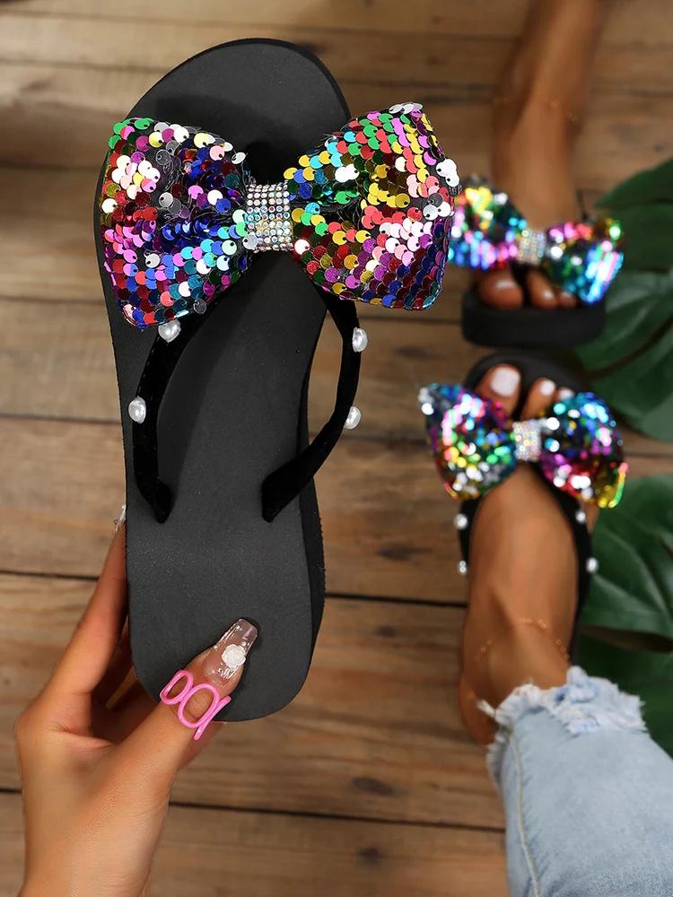 Мода 2025 Стильные шлепанцы Peard Decro для женщин Летние шлепанцы с бантом Женские Нескользящие Мягкая подошва Платформа Слайды Женские