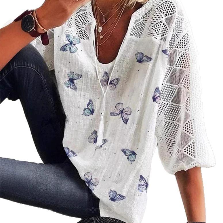 Женский летний топ с V-образным вырезом и принтом бабочек 2025 года