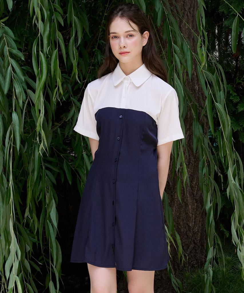 Bye Bye Seop Bustier Layered Mini Dress Navy [T42]