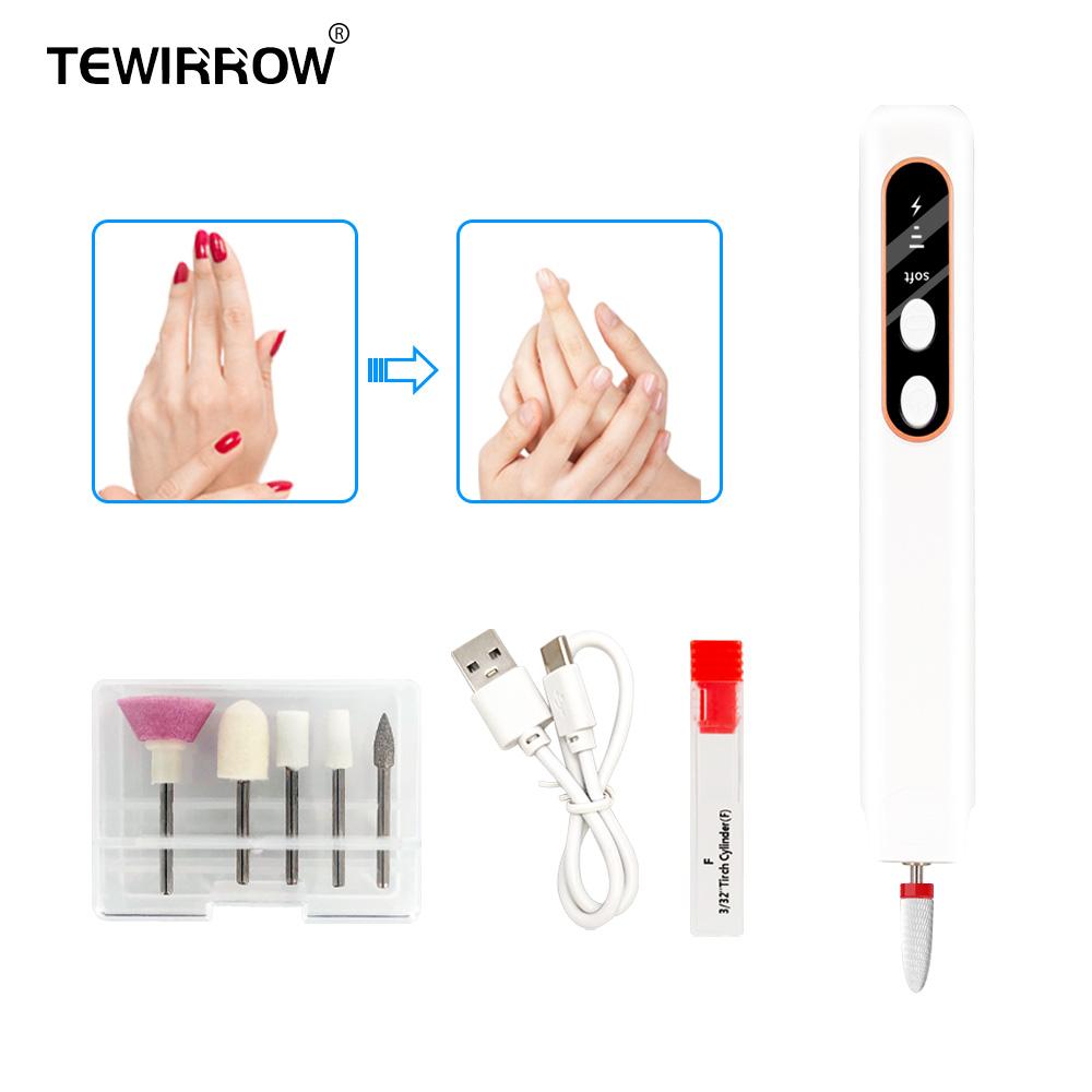 TEWIRROW Электрическая дрель для ногтей, портативный маникюрный набор, шлифовальная машинка для ногтей, пилка для полировки и формирования ручки, набор для педикюра для удаления геля