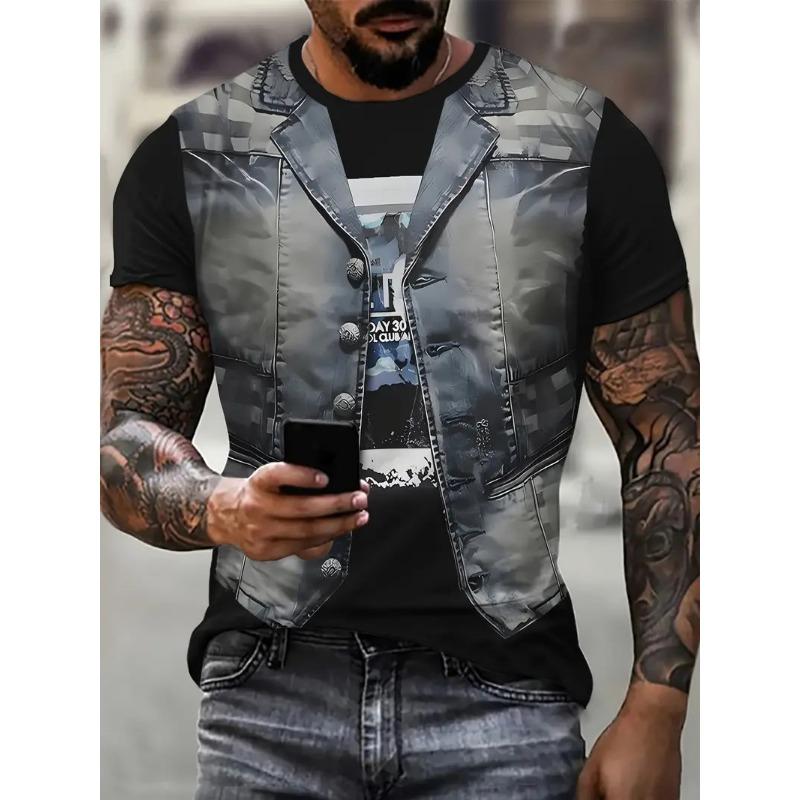 Поддельный жилет, куртка, узор, принт, футболки для мужчин, 3D, новинка, летний хип-хоп тренд, топ, мода, свободные, крутая уличная мужская одежда