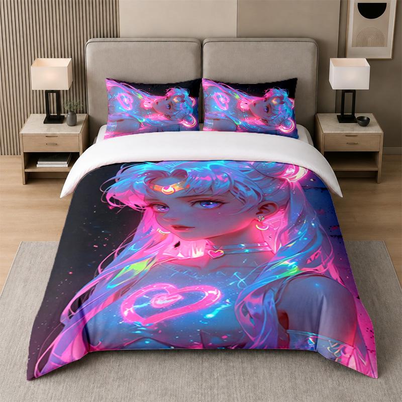 3Pcs Bed Set,Sailor Moon 1 Duvet Cover and 2 Pillowcases, Printed Bedding Decor For Guest Room