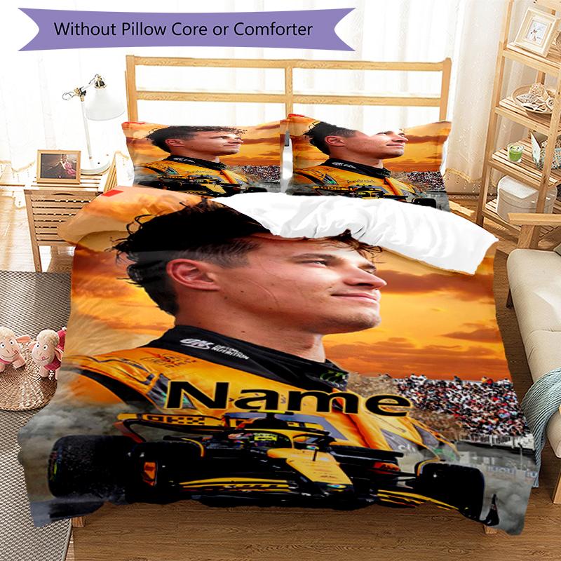 3pcs Custom Name Lando Norris Bedding Set Duvet Cover Closure Includes 1 Duvet Cover & 2 Pillowcases, Soft and Comfortable for All Seasons.