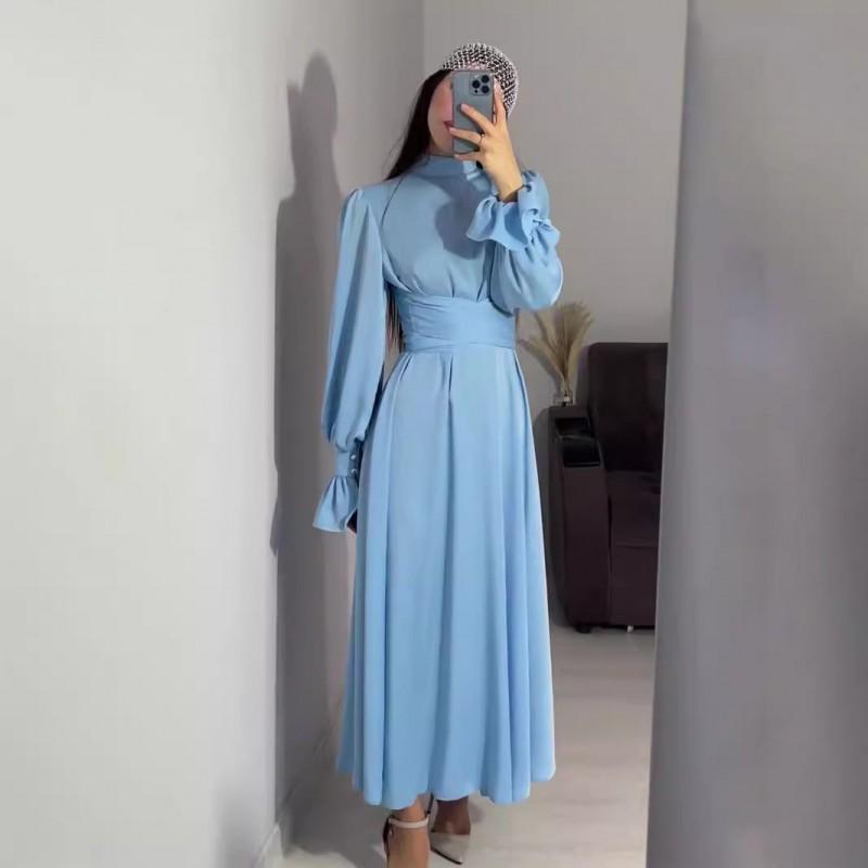 Long Sleeve Satin Dress Solid Color Elegant Fairy Style Women