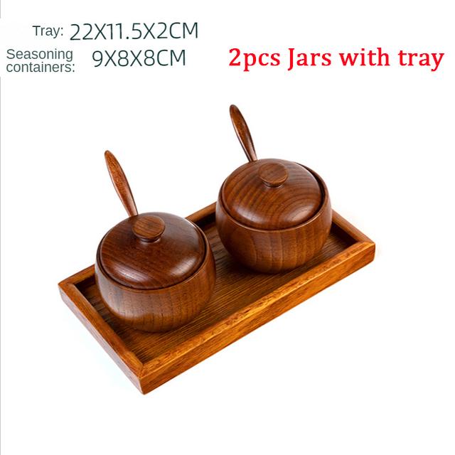 Wooden Salt Cellar Sugar Bowl Pepper Box Salt Seasoning Container Storage Box with Lid and Spoon Wooden Spice Box Spice Jars