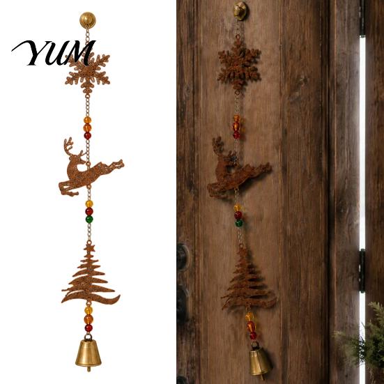 Vintage Holiday Door Decor Rustic Metal Christmas Elk Wind Chime, Xmas Hanging Ornament with Reindeer Farmhouse Style Accents Snowflake Tree Patterns,