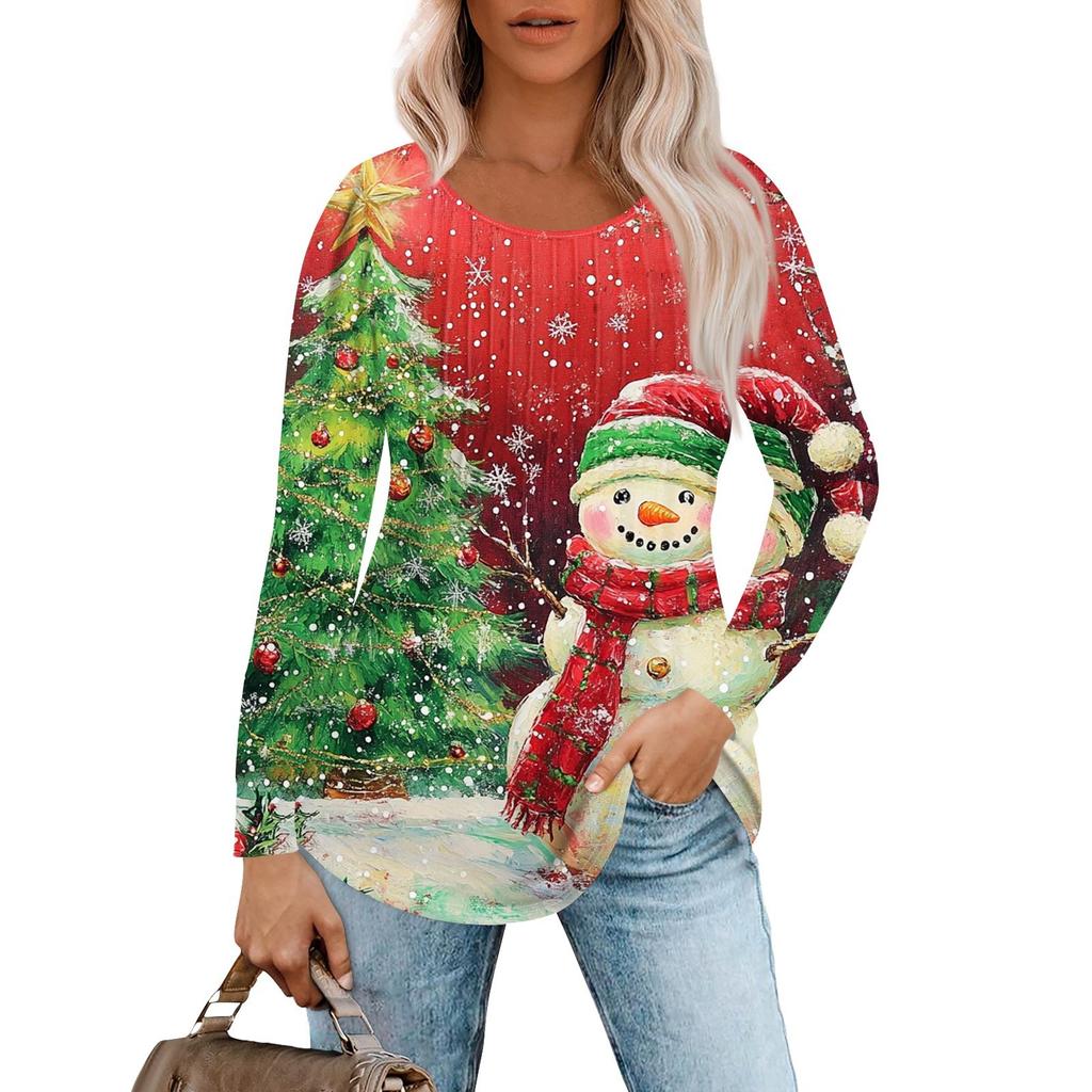 Женская повседневная футболка с круглым вырезом и длинными рукавами с рождественским принтом и складками