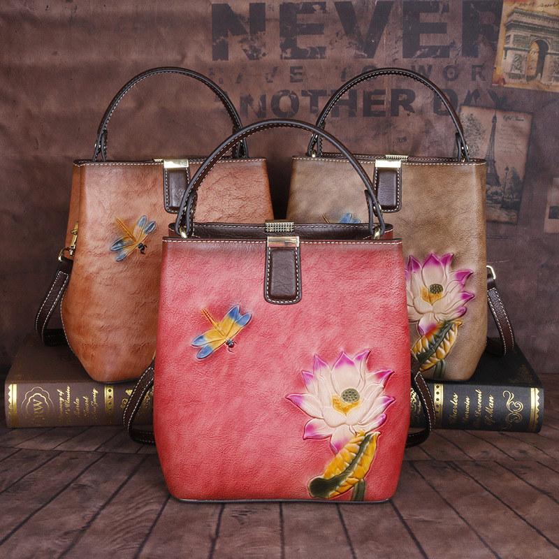 Vintage Flower Embossing Mini Shoulder Bags for Women Fashion Crossbody Bag Genuine Leather Bucket Bag Phone Bags Purse GZW