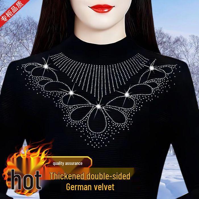 2024 Осень/Зима Женский Премиальный Топ Базового Слоя Облегающего Кроя Однотонный с Горячей Стразой