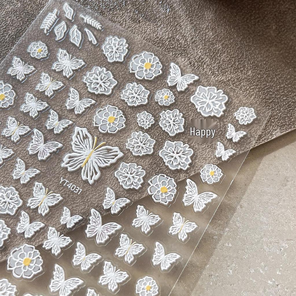 Тисненые наклейки для дизайна ногтей «Бабочки и цветы» от YITU: Изысканные ажурные дизайны с клейкой основой - YT4031