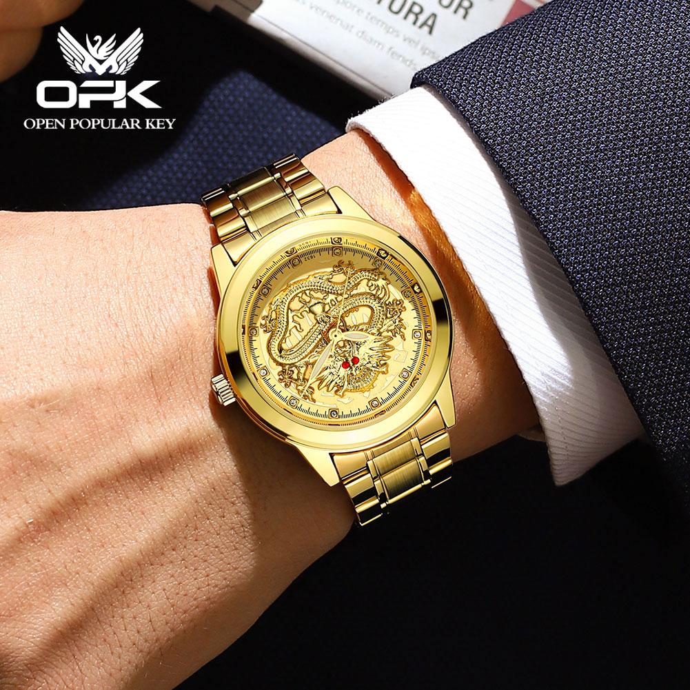 OPK 8111 Men's Watches Luxury Business Golden Luminous Waterproof Stainless Steel Dragon Original Man Quartz Wristwatch
