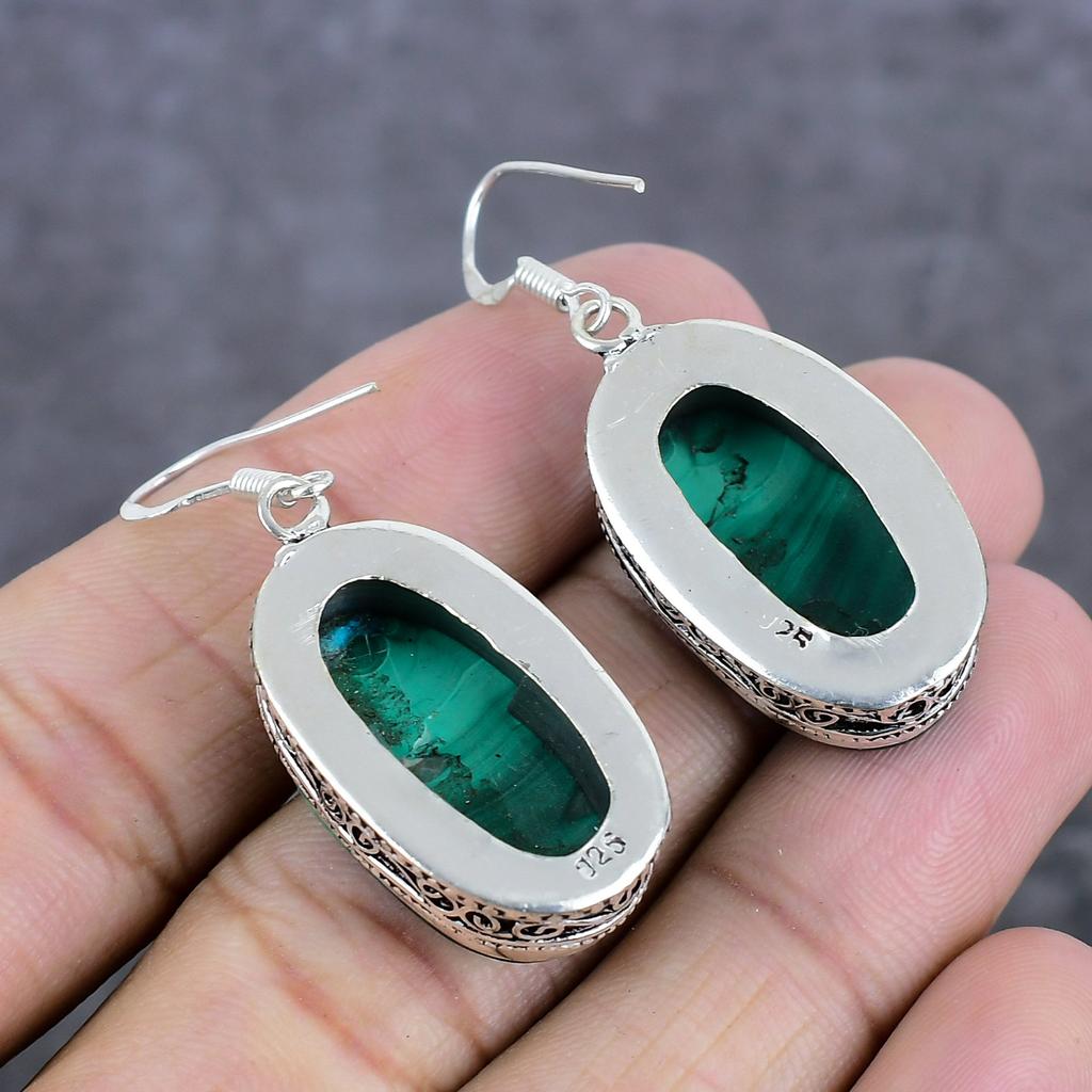 Малахит Драгоценный Камень 925 Стерлинговое Серебро Ювелирное Изделие Серьга 1.85"